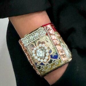 Artisan Wide Cuff Bracelet Gypsy Brocade Style Fabric Boho Couture OOAK Handmade